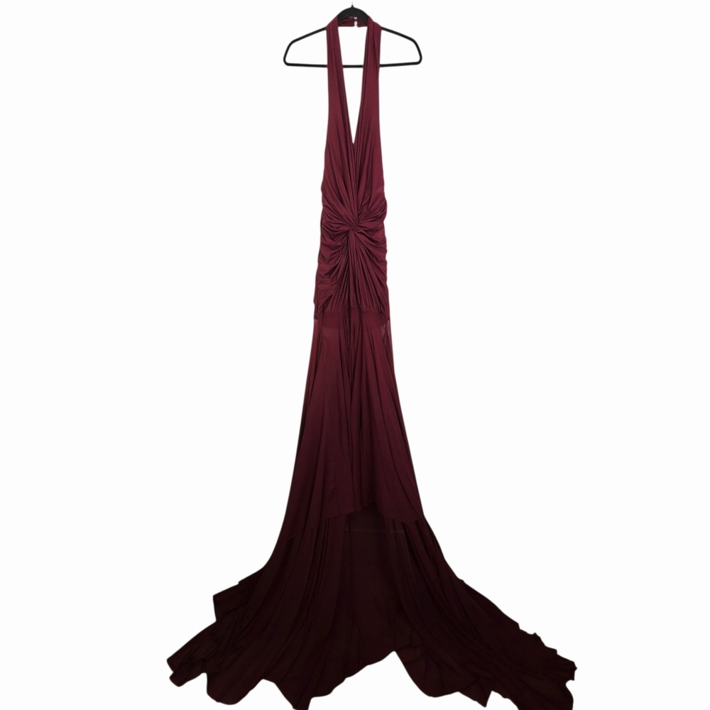 Deme by Gabriella Chloe Maxi Dress Burgundy Red Ruched Jersey Halter NWT Size M - Picture 3 of 11